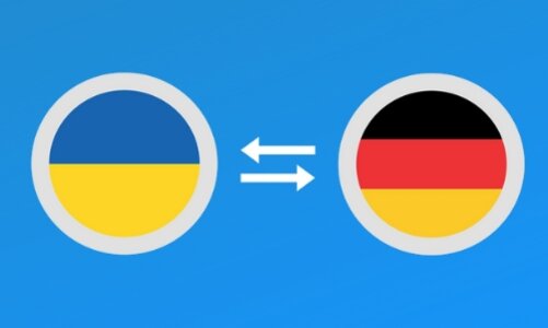 Ukrainisch-Deutsch Die Grafik zeigt zwei Kreise mit weißem Rand auf hellblauem Hintergrund. In dem linken Kreis befindet sich die ukrainische Flagge, in dem rechten die deutsche. Dazwischen zeigen zwei Pfeile in beide Richtungen, um zu symbolisieren, dass eine Übersetzung in beide Richtungen möglich ist.